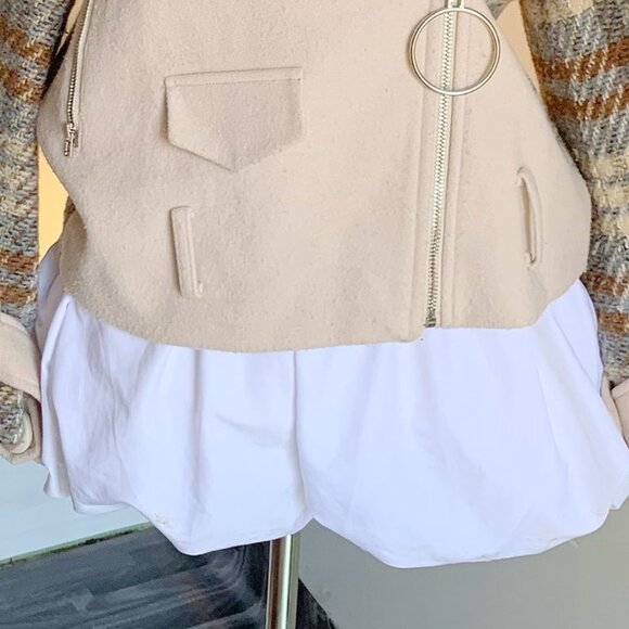 Cream Moto Vest Plaid Knit Sleeves Zipper Jacket - Picture 3 of 4